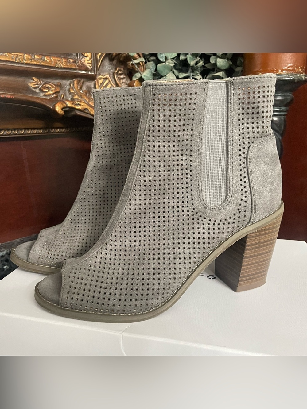 Gray Perforated Peep-Toe Ankle Booties